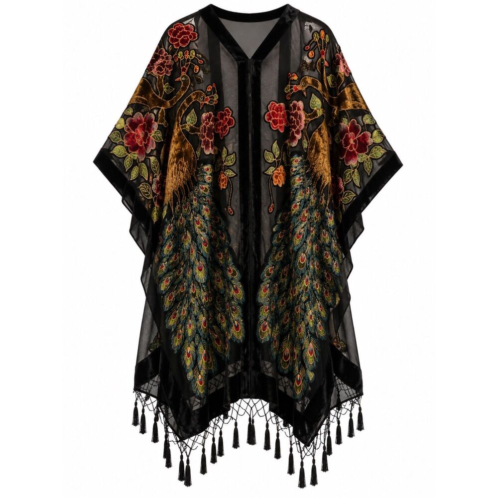 T Party Black Velvet Peacock Floral Embroidered Kimono Fringe One Size Boho